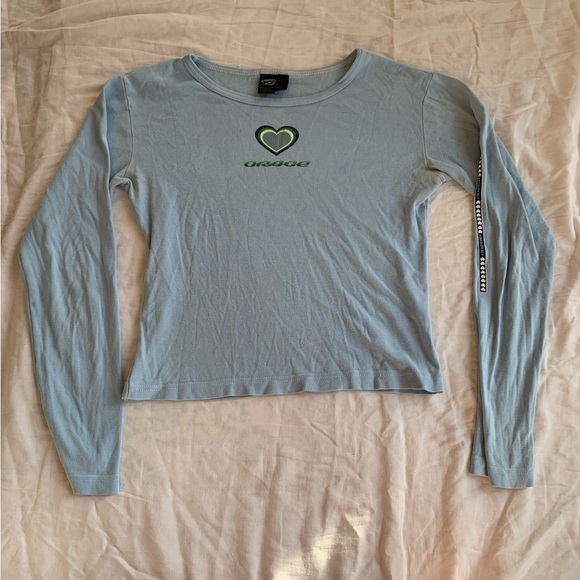 Orage Tops - Y2K/90s Vintage 100% Cotton Light Blue Long Sleeve Heart Graphic Baby Tee Size L